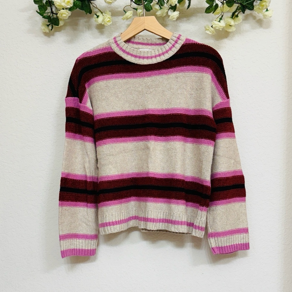 BP • Soft Cream Pink Maroon Striped Crewneck Cozy Sweater with Rib Knit Trim
